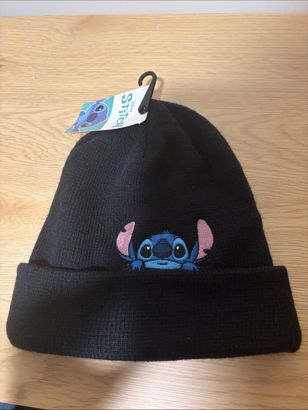 Disney Kids Black Beanie Hat with Blue Stitch Embroidery